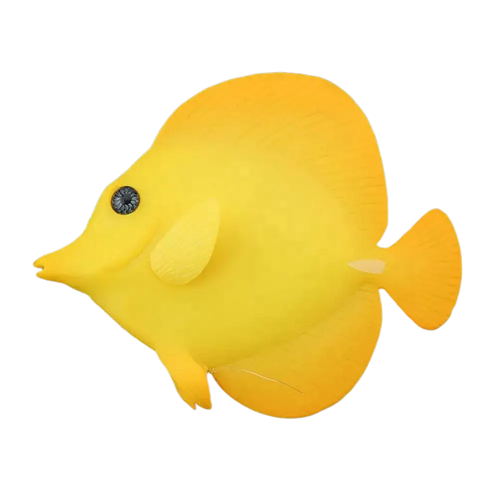 A bright yellow artificial fish made of soft silicone with a plush texture and black eye for aquarium decoration