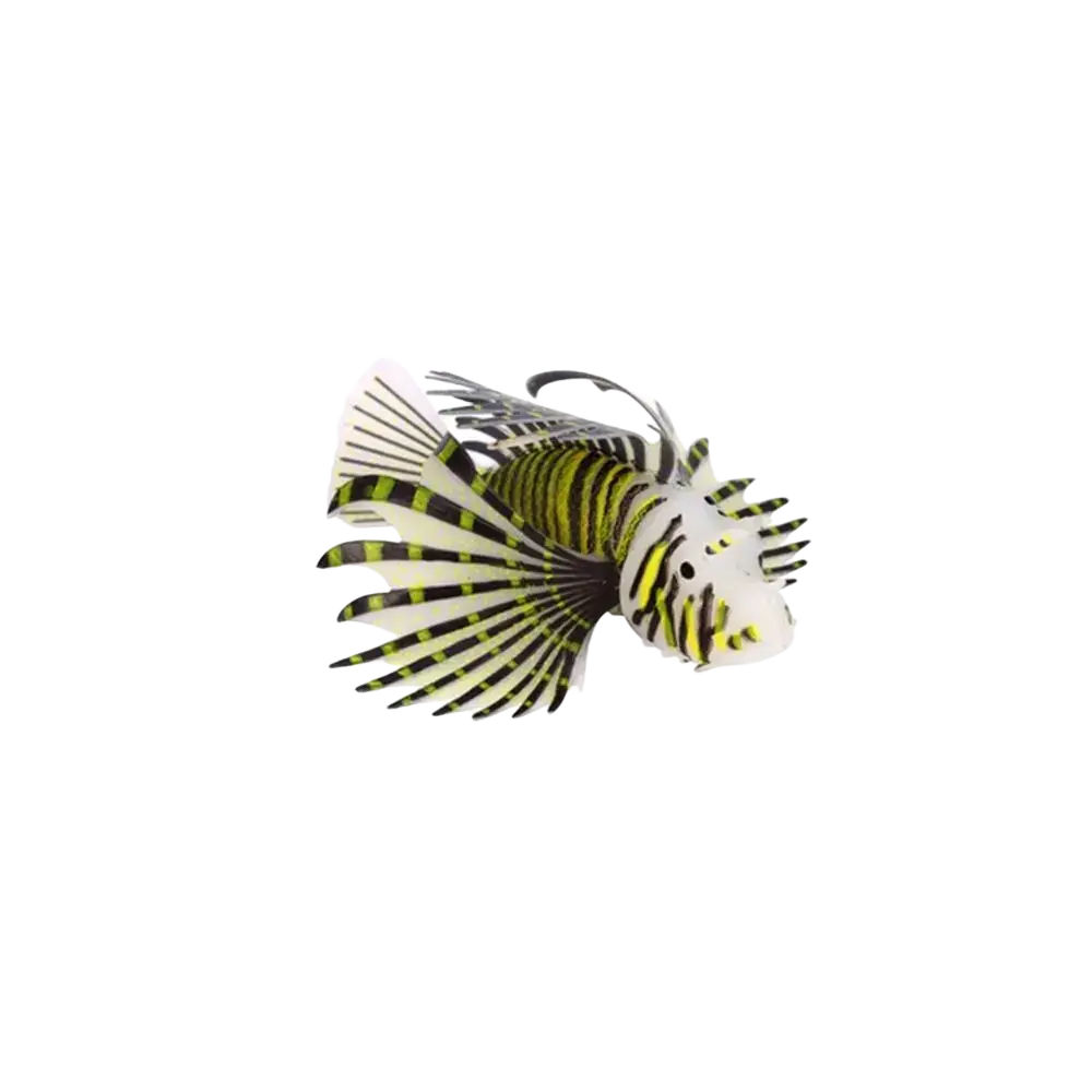 A detailed artificial fish silicone aquarium ornament shaped like a lionfish with yellow and black striped fins