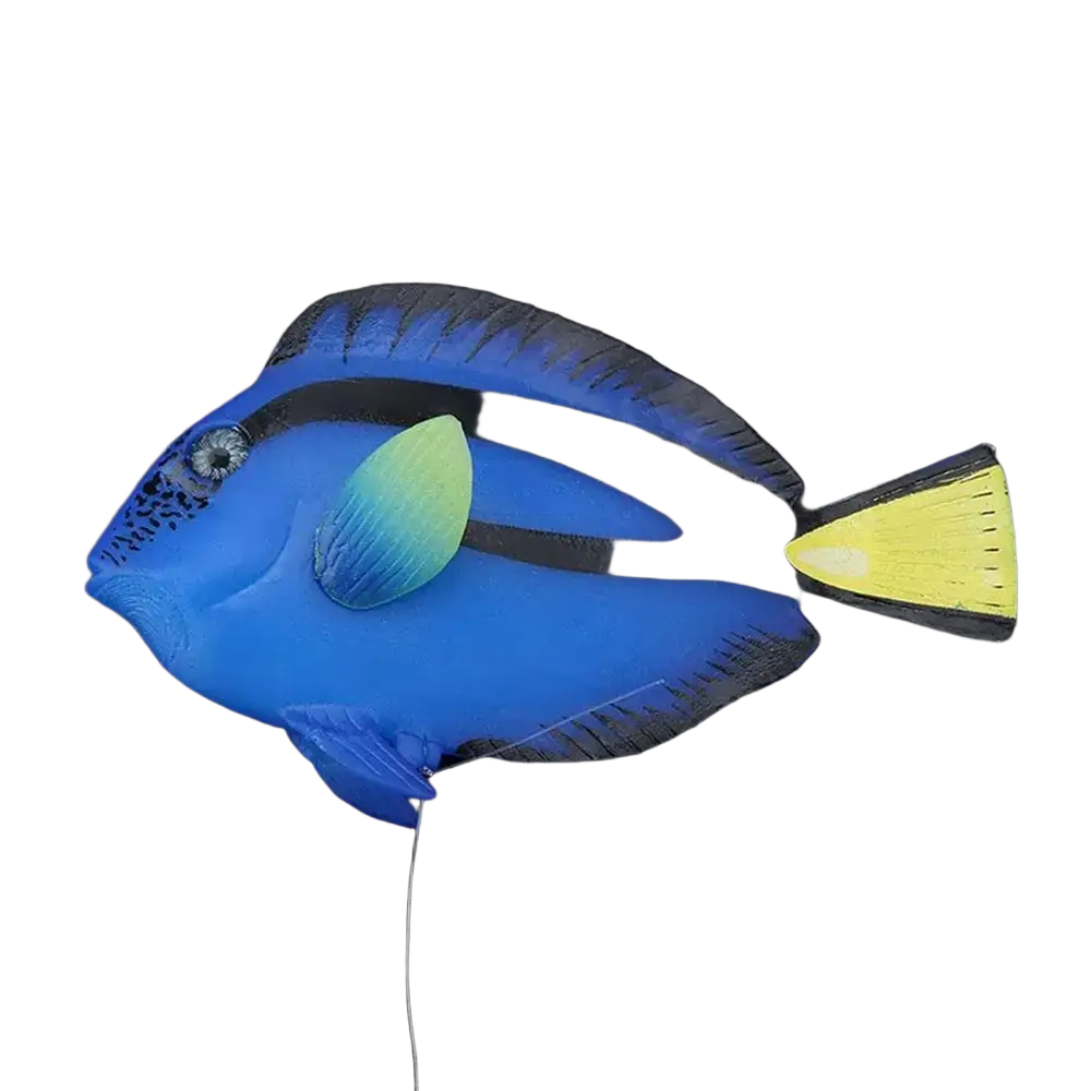 Artificial fish silicone aquarium ornament in vibrant blue with black yellow accents and greenish yellow fins