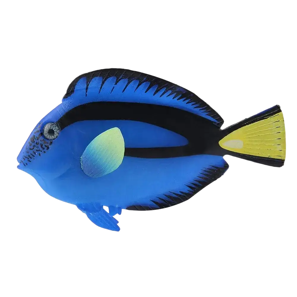 Vibrant blue artificial fish made of silicone with black and yellow accents for aquarium decoration