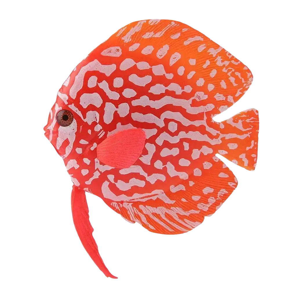 Vibrant orange artificial fish silicone aquarium ornament with white spots and pinkish-red fins for decoration