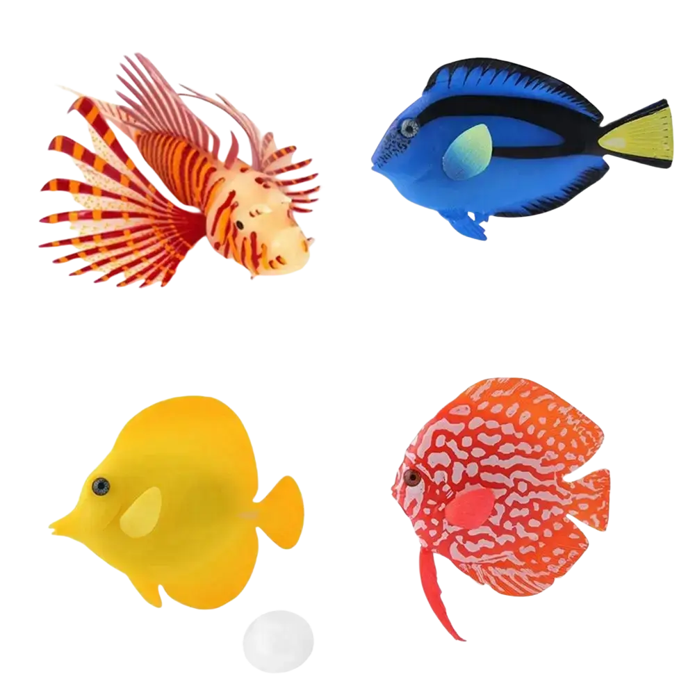 A vibrant orange and white patterned artificial fish silicone aquarium ornament with a red tail labeled b-orange