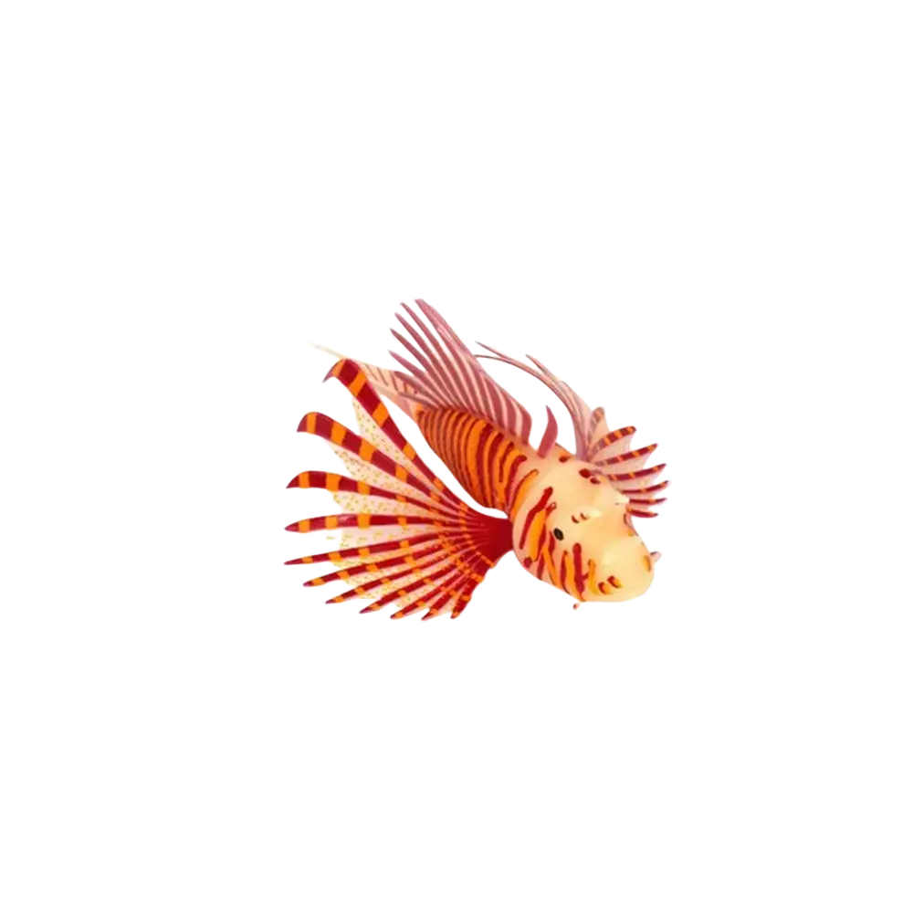 A vibrant orange and white striped artificial fish silicone lionfish aquarium ornament with detailed fins
