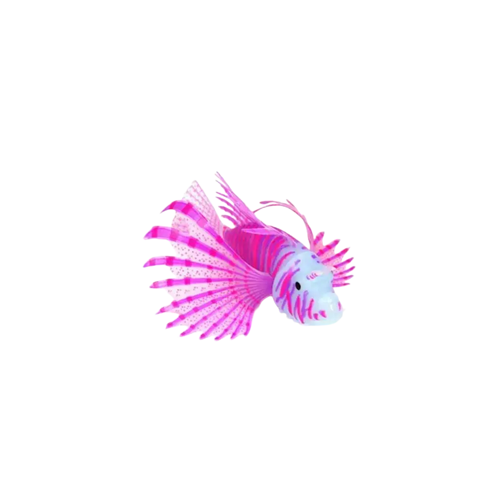 Artificial fish silicone aquarium ornament featuring a vibrant pink and light blue lionfish with striped fins