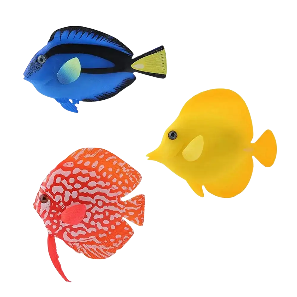 Vibrant blue yellow and orange artificial fish silicone aquarium ornament with detailed patterns and painted eyes