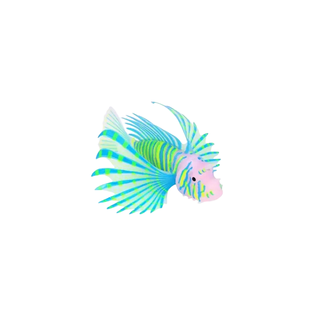 A vibrant artificial fish silicone aquarium ornament featuring a pink head and turquoise-green striped lionfish fins