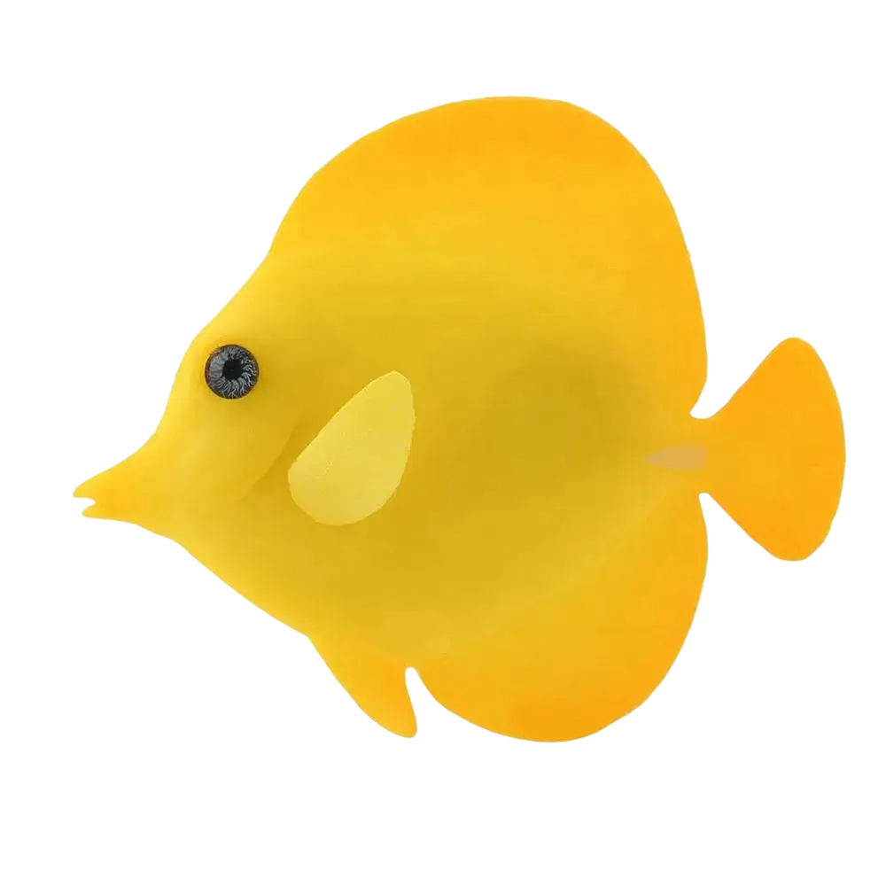 A vibrant yellow artificial fish silicone aquarium ornament with glossy finish and detailed black eye