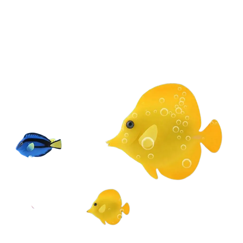 Vibrant yellow artificial fish made of silicone swimming among coral reefs and bubbles in aquarium ornament
