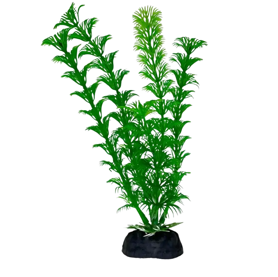 Green plastic artificial fish tank plant with feathery fronds and black base for warm water aquarium decor