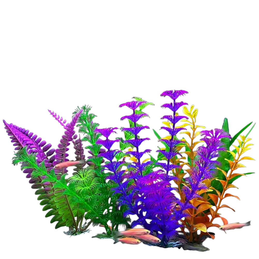 Artificial fish tank plants plastic aquarium decor with vibrant purple green blue and yellow plastic fronds for warm water tanks