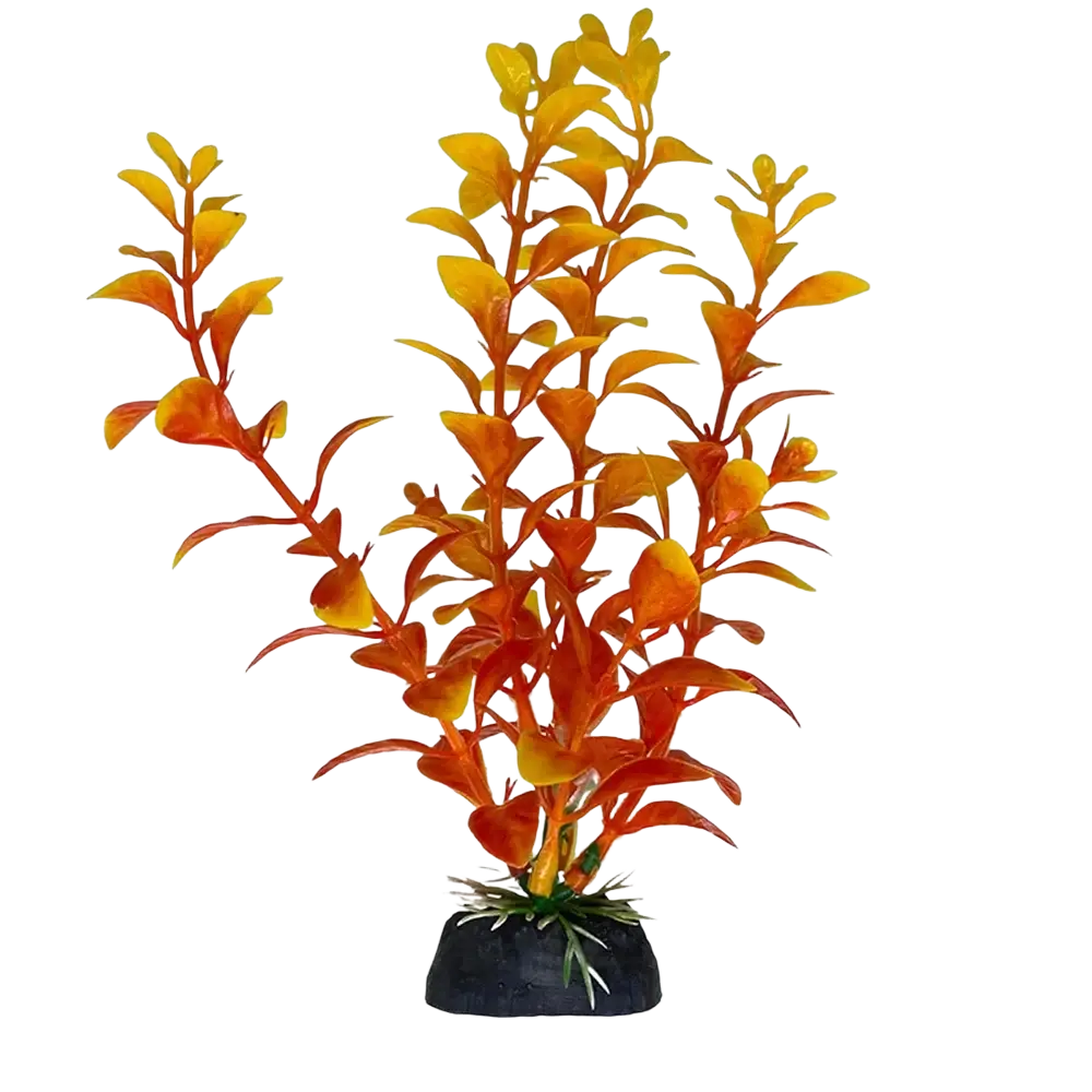 A vibrant orange and yellow plastic artificial fish tank plant with a black base for warm water aquarium decor