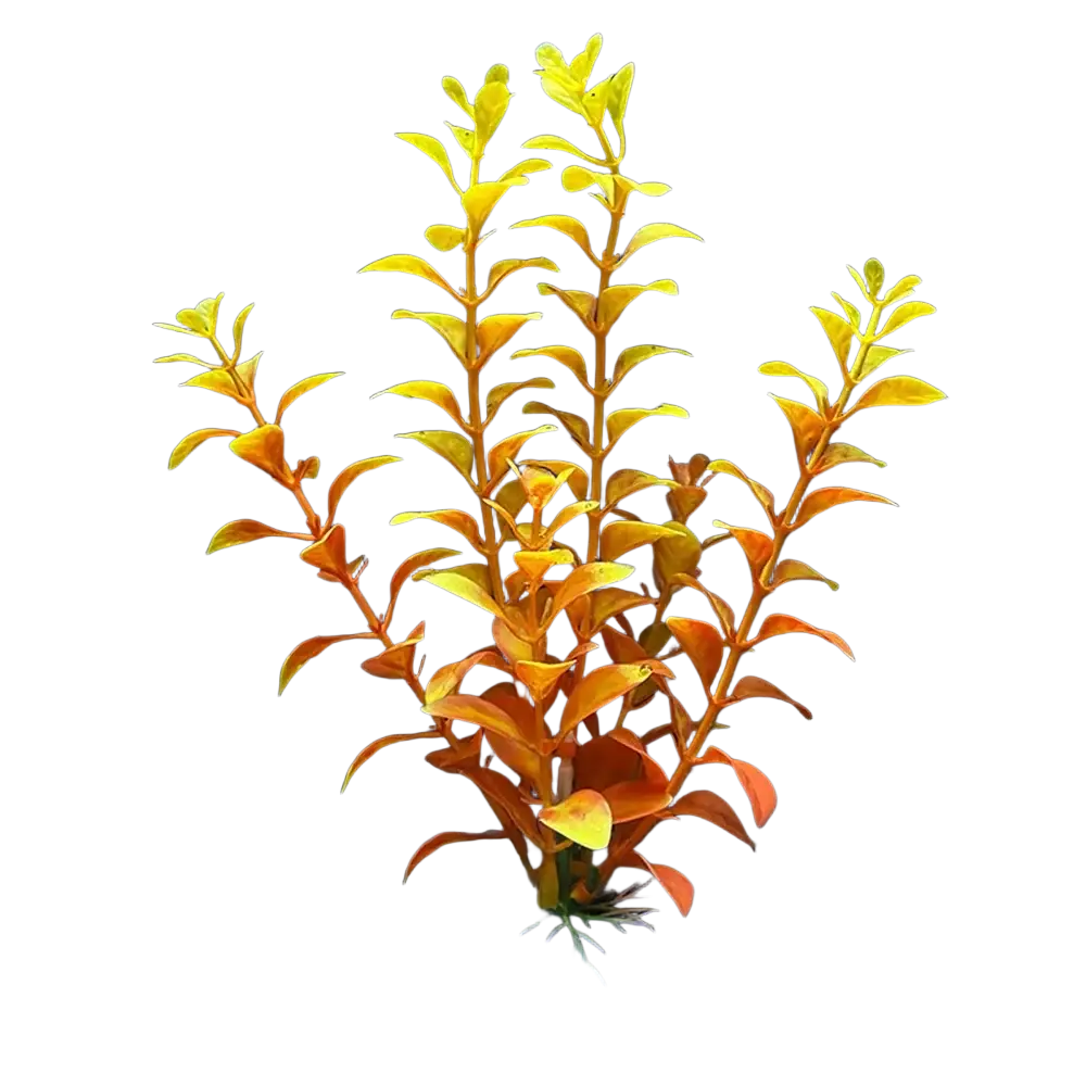 Vibrant orange and yellow plastic artificial fish tank plants with detailed leafy branches for warm water aquariums