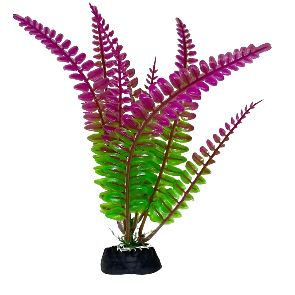 Artificial fish tank plant with vibrant purple and green plastic fern and black base for warm water aquariums