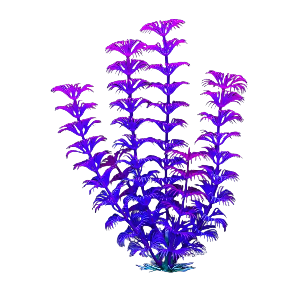 Vibrant purple and blue plastic artificial fish tank plant with feathery layered fronds for warm water aquariums