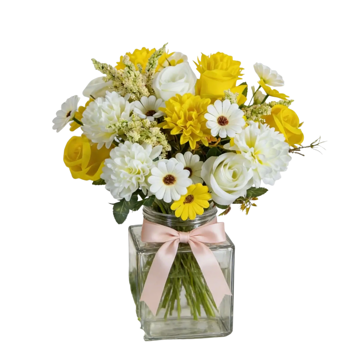 A clear square glass vase with a pink satin ribbon holding a yellow and white artificial flower wedding bouquet