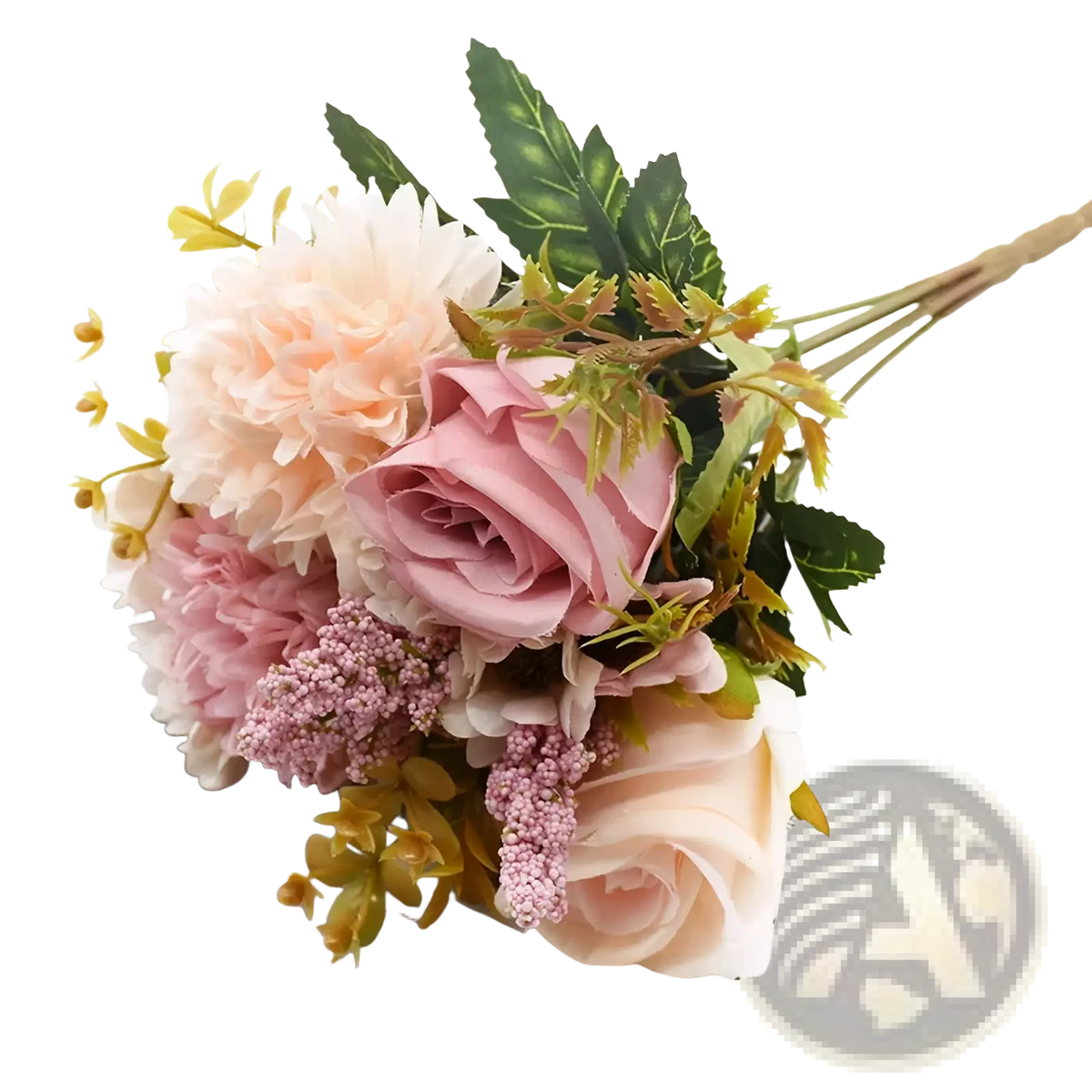 A delicate artificial flower rose wedding bouquet with soft pink and peach petals and realistic green foliage