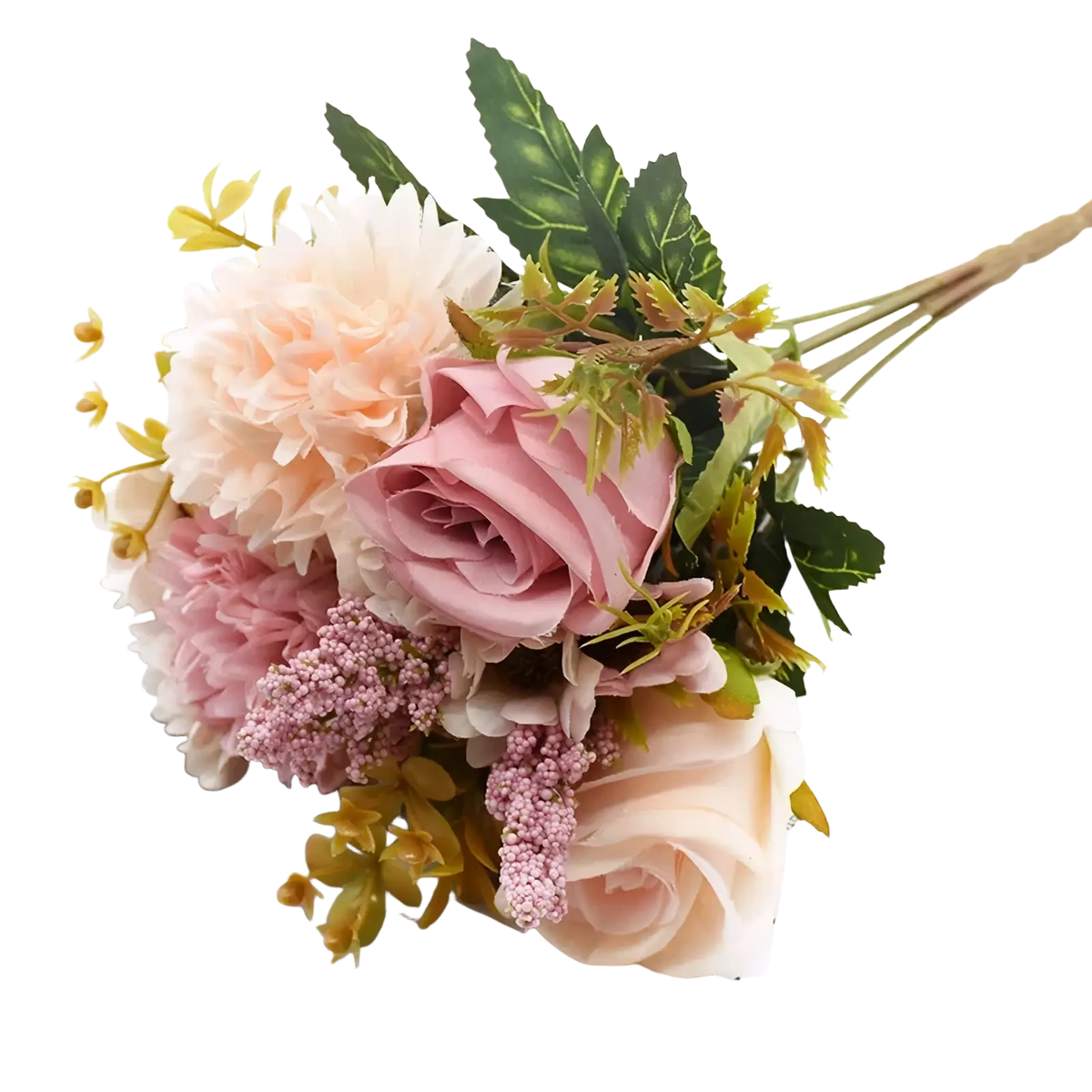 A delicate artificial flower rose wedding bouquet with soft pink and peach petals and realistic green foliage