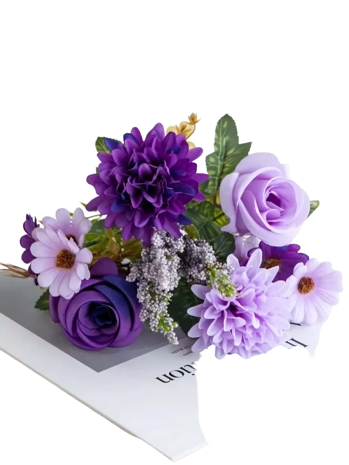 Artificial flower rose wedding bouquet featuring delicate purple and lavender roses daisies and green leaves