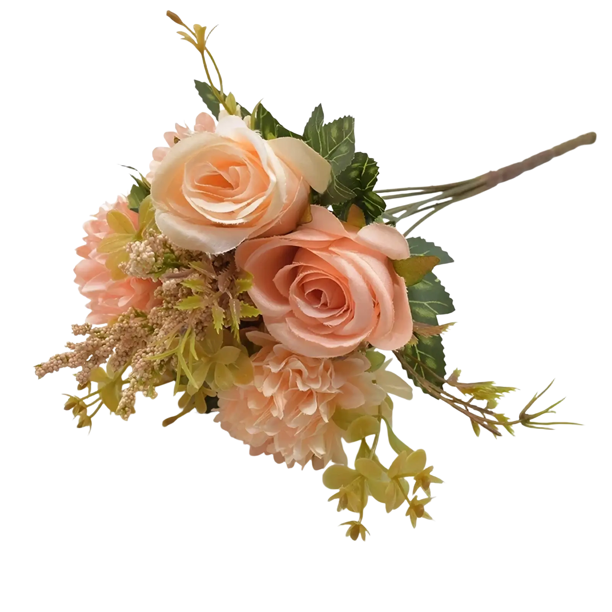 A delicate peach-colored artificial flower rose wedding bouquet with realistic roses filler blooms and greenery