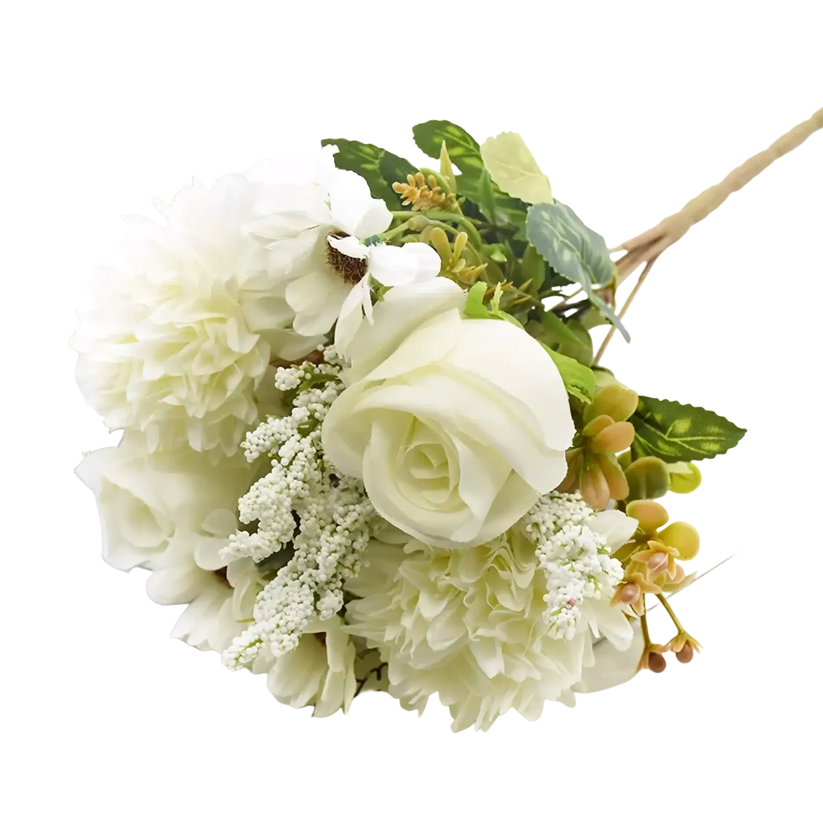 Elegant white artificial flower rose wedding bouquet with mixed blooms and greenery for bridal use