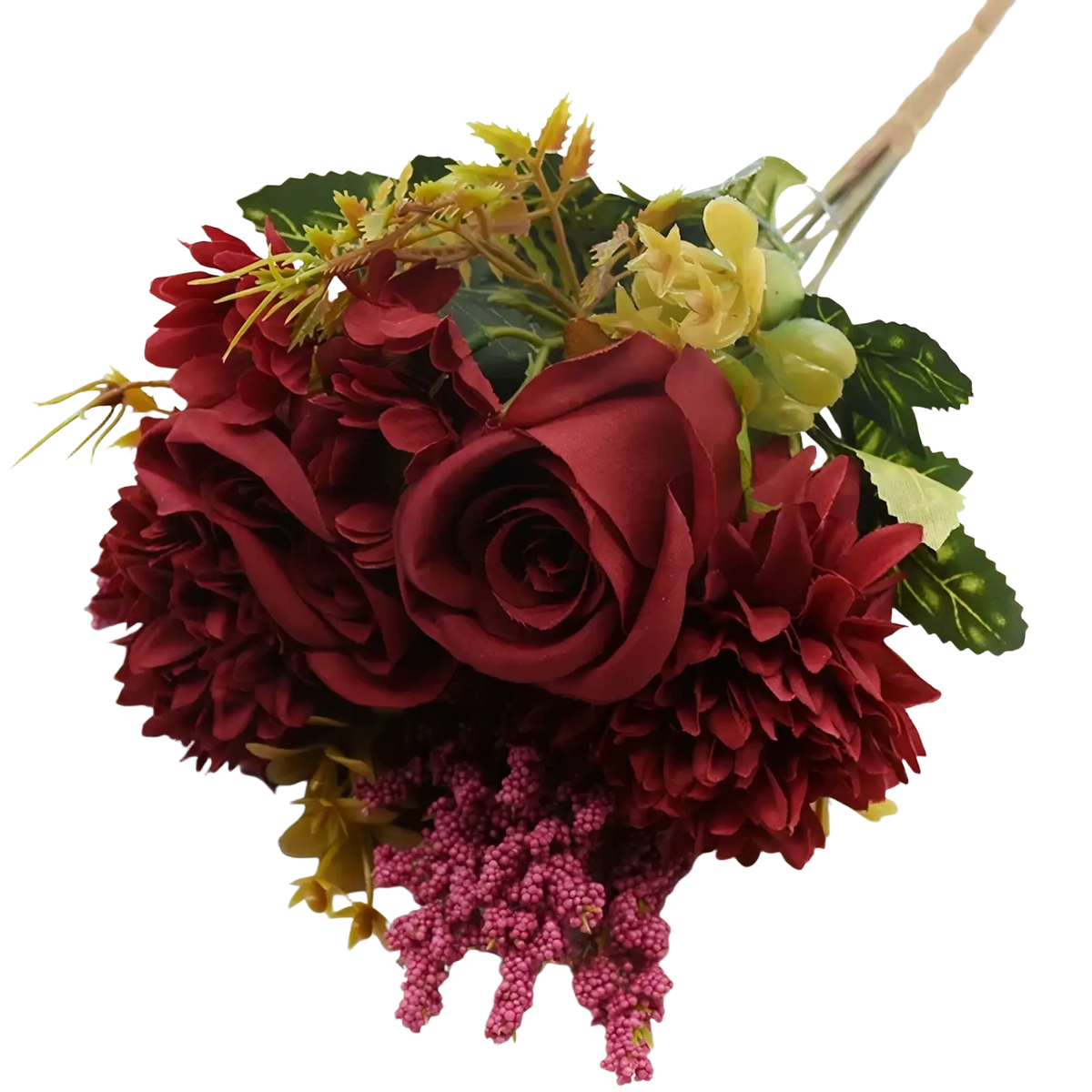Artificial flower rose wedding bouquet with deep red roses burgundy dahlias yellow blooms green leaves and pink berries