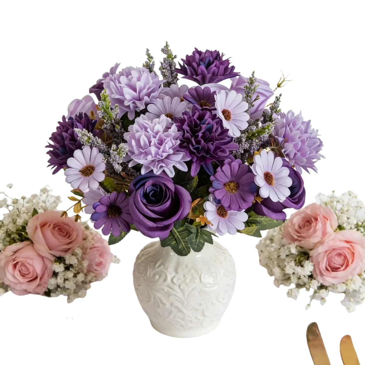 A lush artificial flower rose wedding bouquet with purple and lavender flowers in a white carved ceramic vase