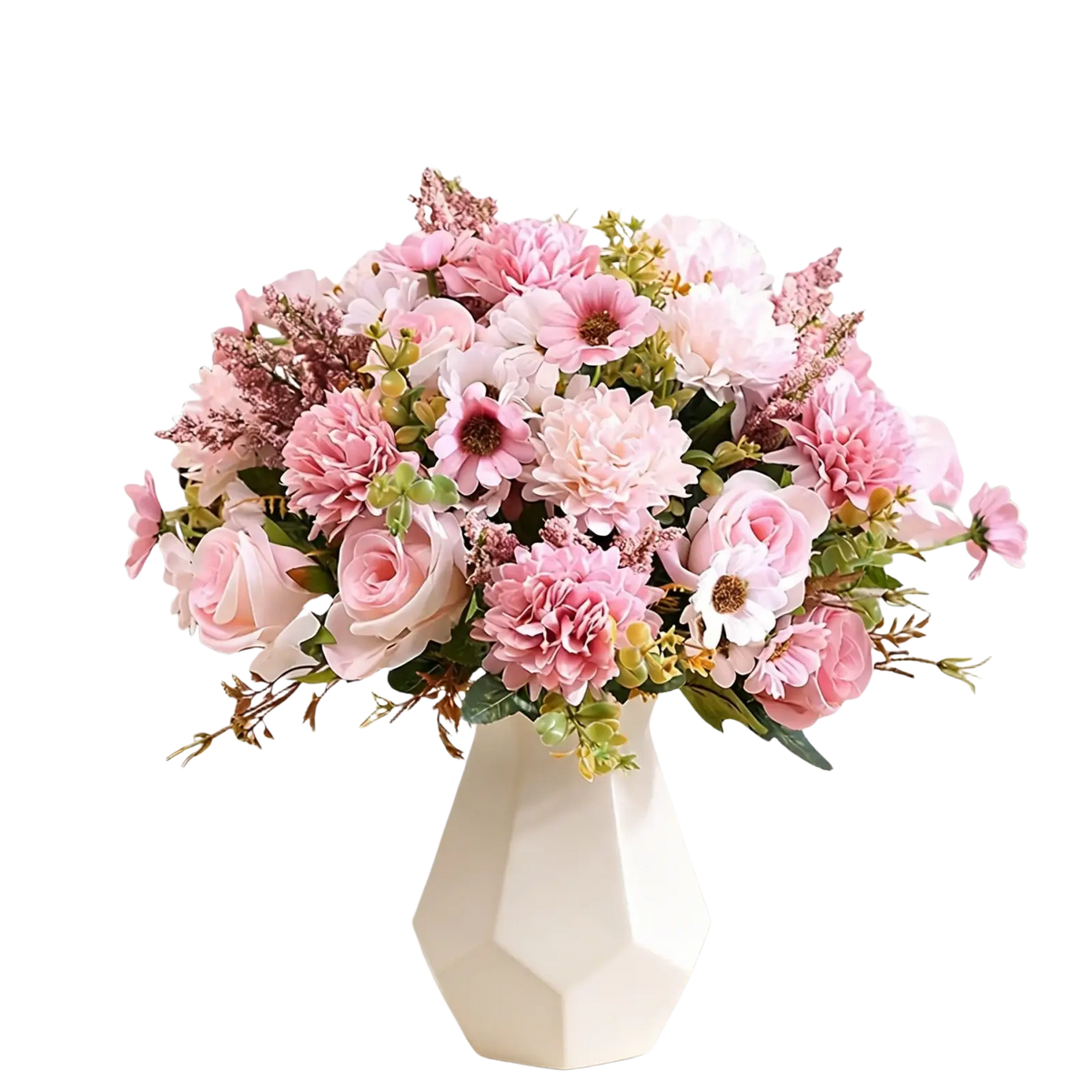 A lush artificial flower rose wedding bouquet with pink roses daisies and filler flowers in a white geometric vase