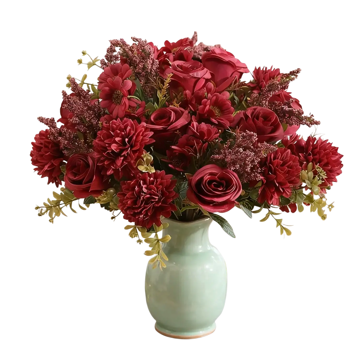 Artificial flower rose wedding bouquet featuring deep red roses and dahlias in a matte sage green ceramic vase