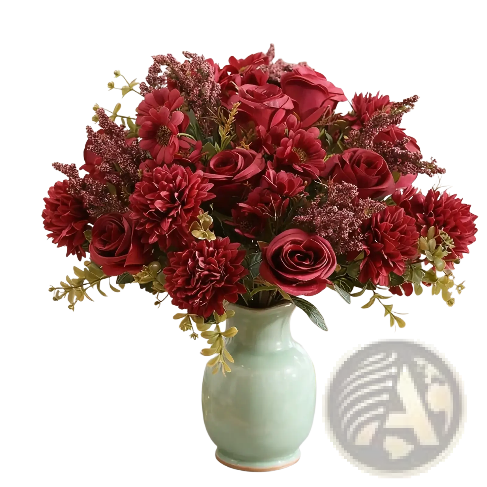 Artificial flower rose wedding bouquet featuring deep red roses and dahlias in a matte sage green ceramic vase