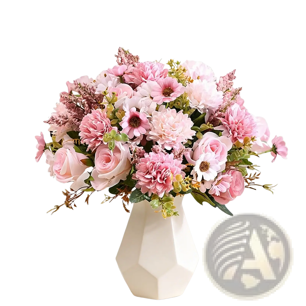 A lush artificial flower rose wedding bouquet with pink roses daisies and filler flowers in a white geometric vase
