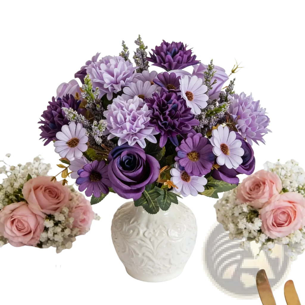 A lush artificial flower rose wedding bouquet with purple and lavender flowers in a white carved ceramic vase