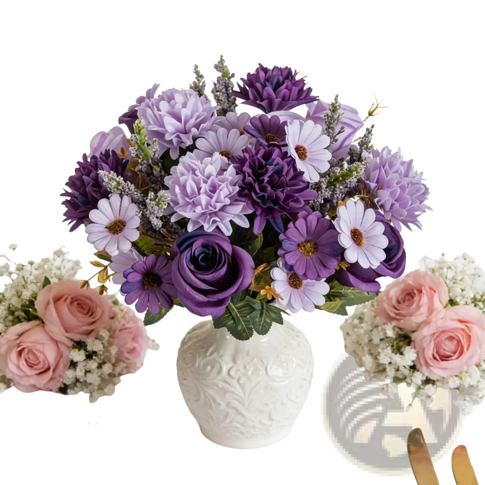 A lush artificial flower rose wedding bouquet with purple and lavender flowers in a white carved ceramic vase