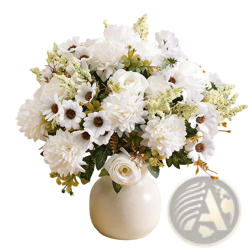 A lush arrangement of artificial white rose flowers in a smooth off-white ceramic vase for wedding bouquet