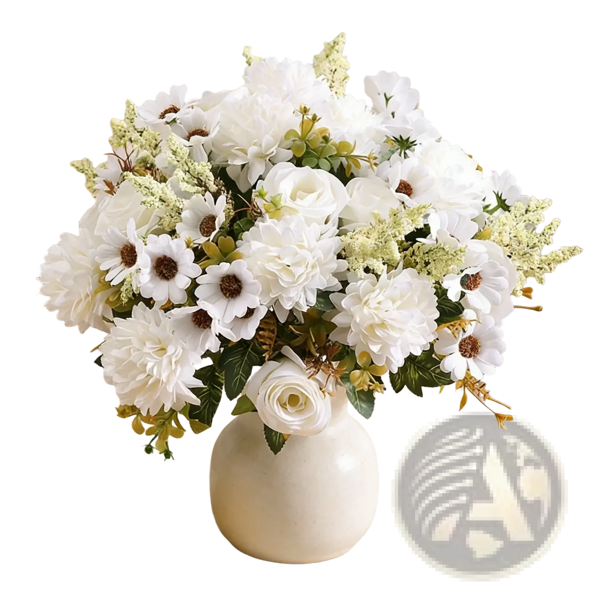 A lush arrangement of artificial white rose flowers in a smooth off-white ceramic vase for wedding bouquet