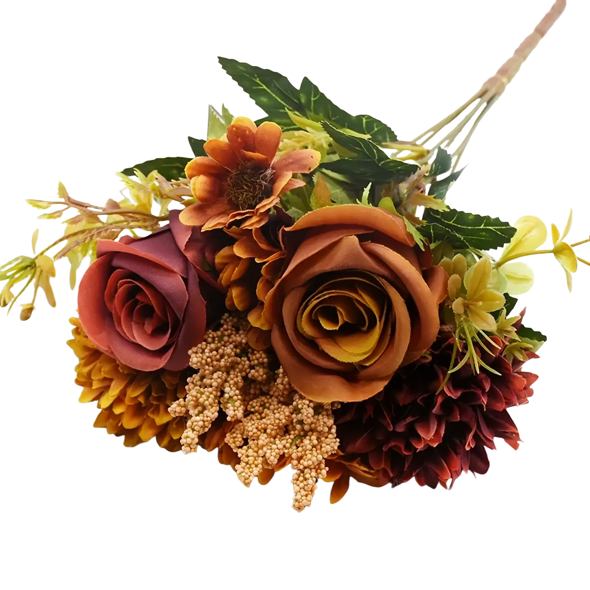 Artificial flower rose wedding bouquet with rustic autumn colors featuring burgundy amber yellow roses daisies and green leaves