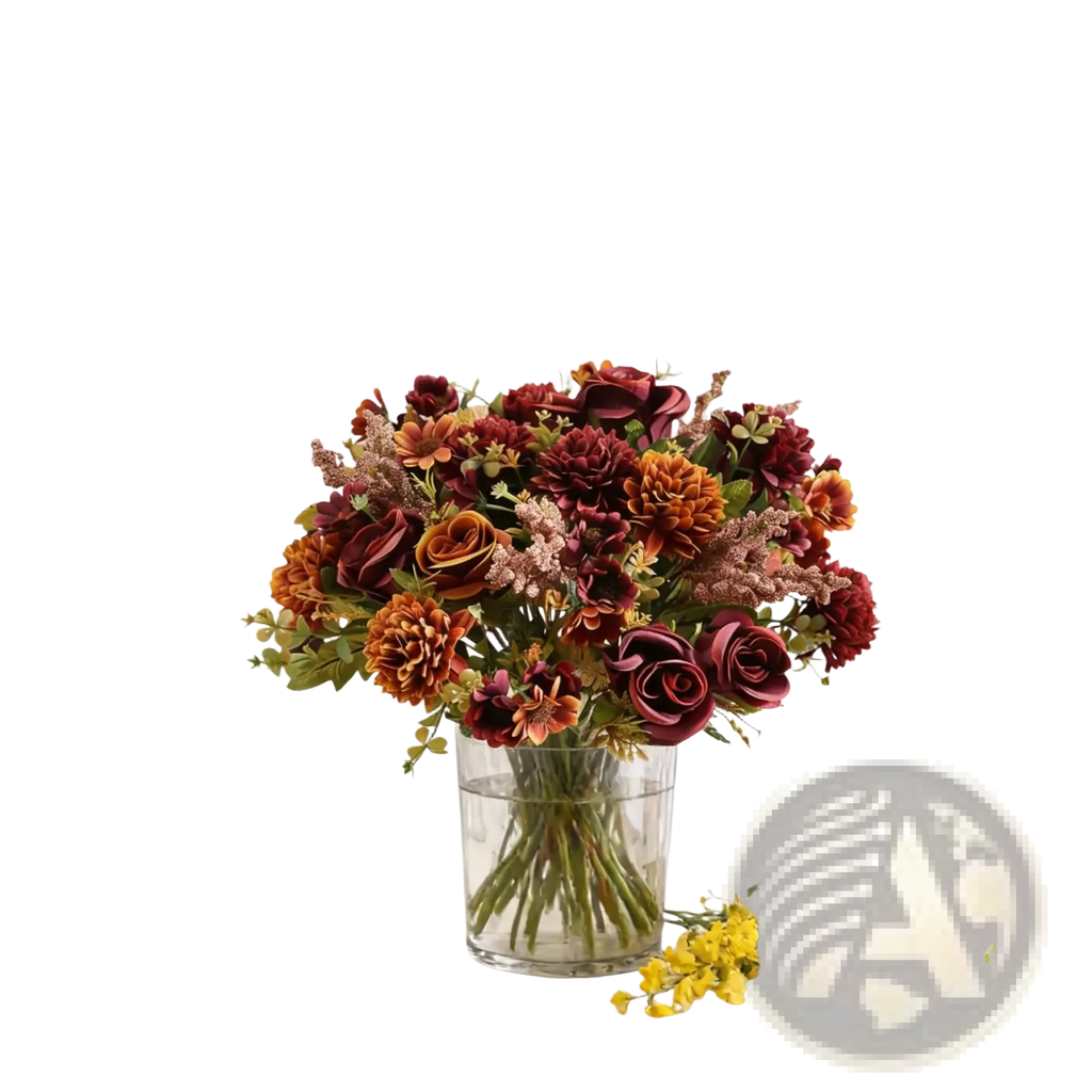 A vibrant autumnal artificial flower rose wedding bouquet with burgundy and golden-orange roses in a clear glass vase