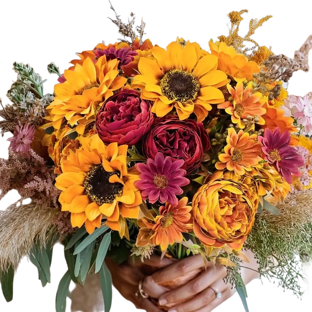 Artificial flowers autumn sunflower bouquet with yellow sunflowers burgundy peonies for home decoration and send flowers