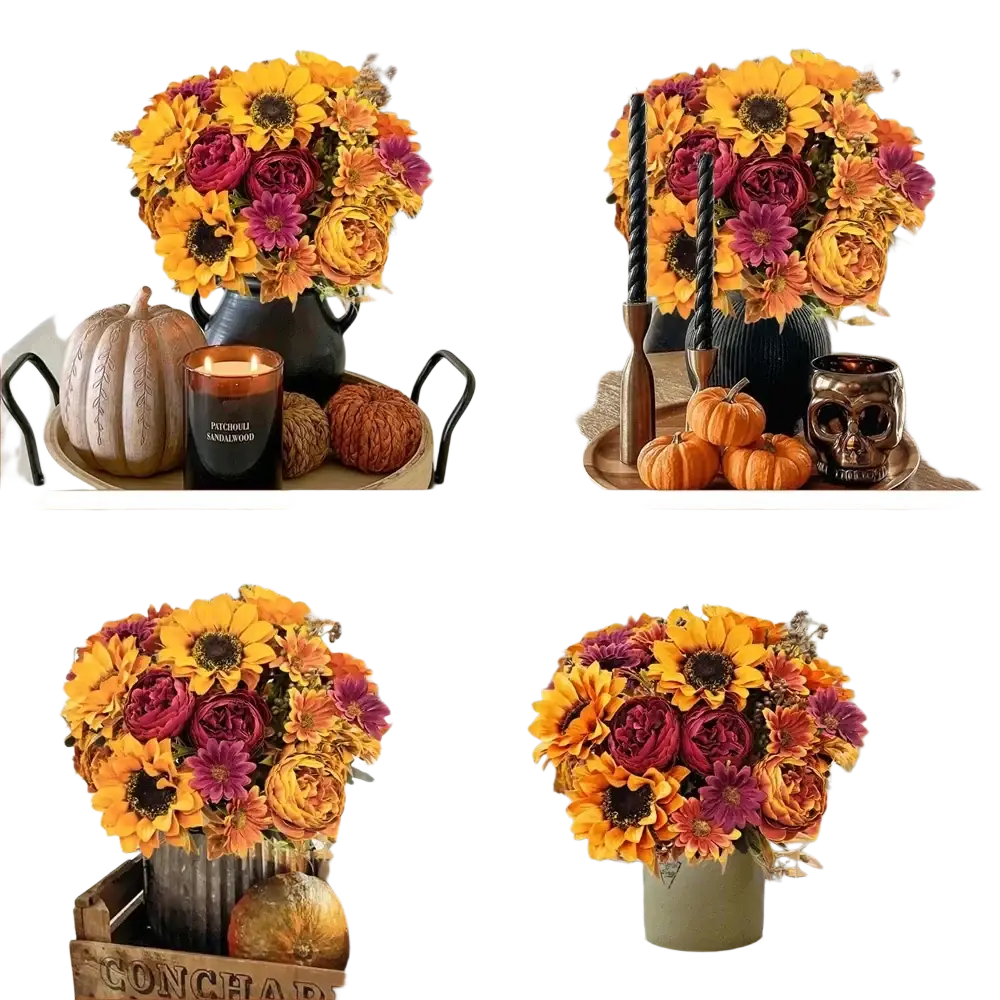 A vibrant artificial flowers autumn sunflower bouquet with maroon roses in a dark vase for home decoration and send flowers