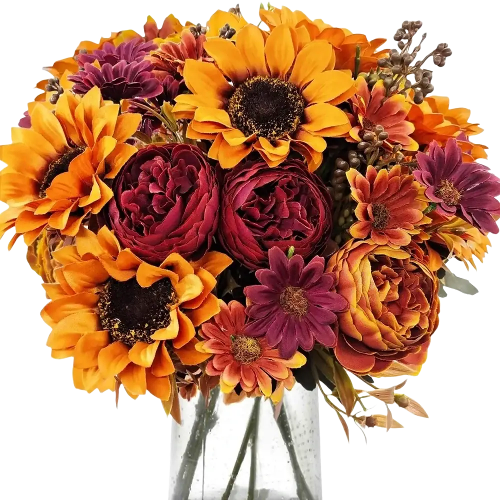 Artificial flowers autumn sunflower bouquet with orange sunflowers and burgundy daisies in glass vase for home decoration