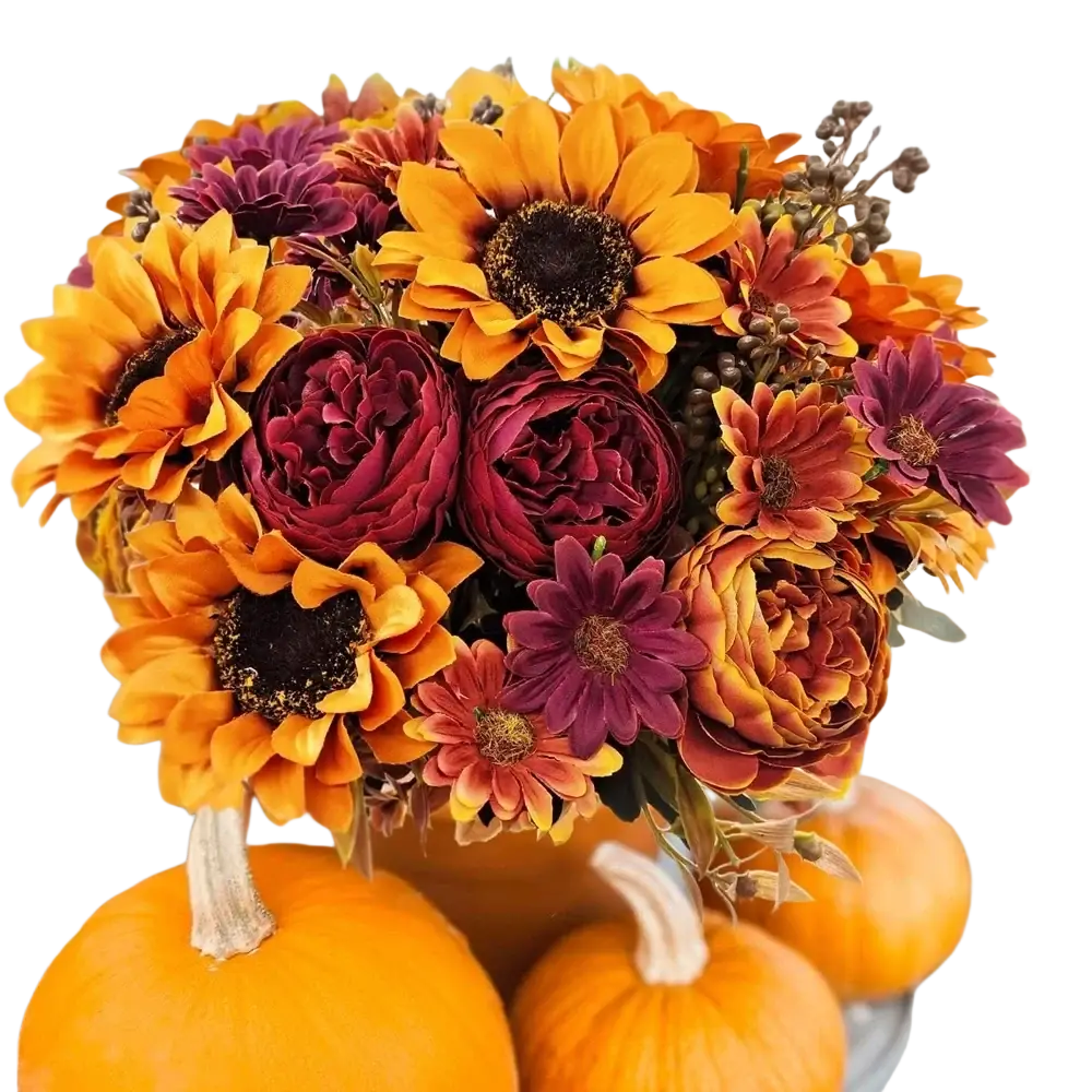 Artificial flowers autumn sunflower bouquet with orange and maroon blooms for home decoration and send flowers