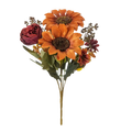 A vibrant artificial flowers autumn sunflower bouquet with orange sunflowers and burgundy peonies for home decoration