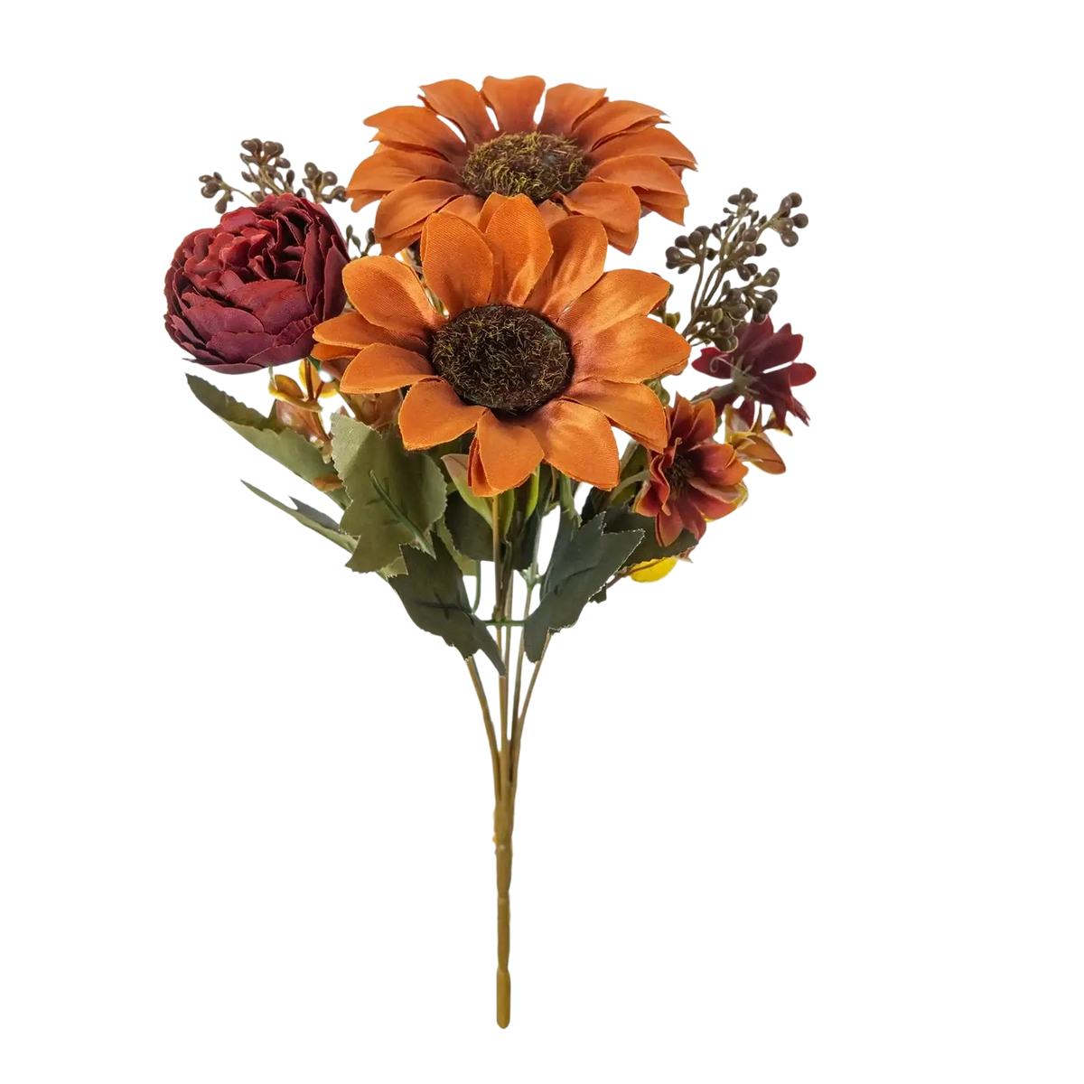 A vibrant artificial flowers autumn sunflower bouquet with orange sunflowers and burgundy peonies for home decoration