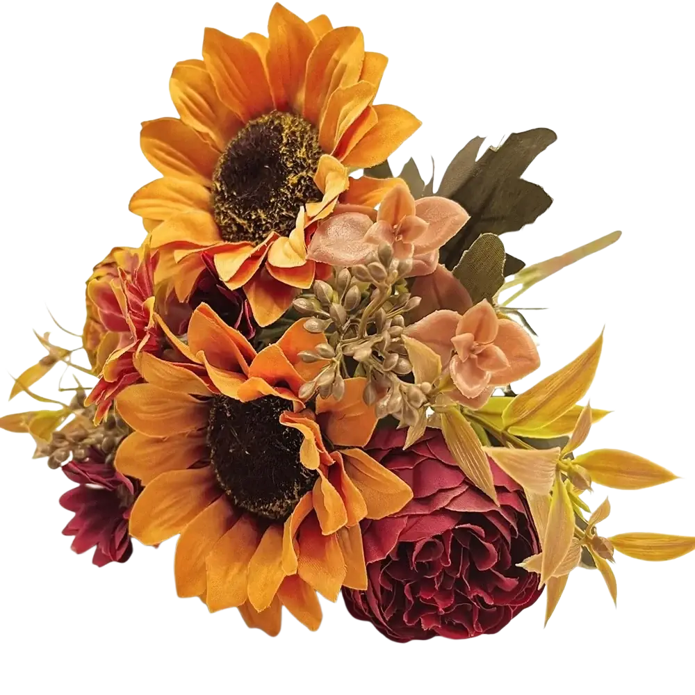 Artificial flowers autumn sunflower bouquet with orange sunflowers and maroon roses for home decoration and send flowers