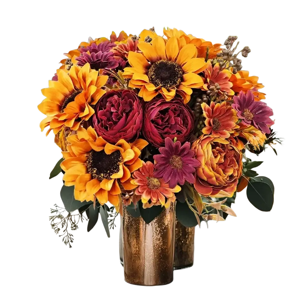 A vibrant artificial flowers autumn sunflower bouquet in a gold metallic vase for home decoration and send flowers