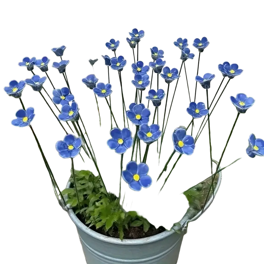 Blue ceramic artificial flowers of forget me nots with yellow centers arranged in a galvanized metal bucket for decorating vases