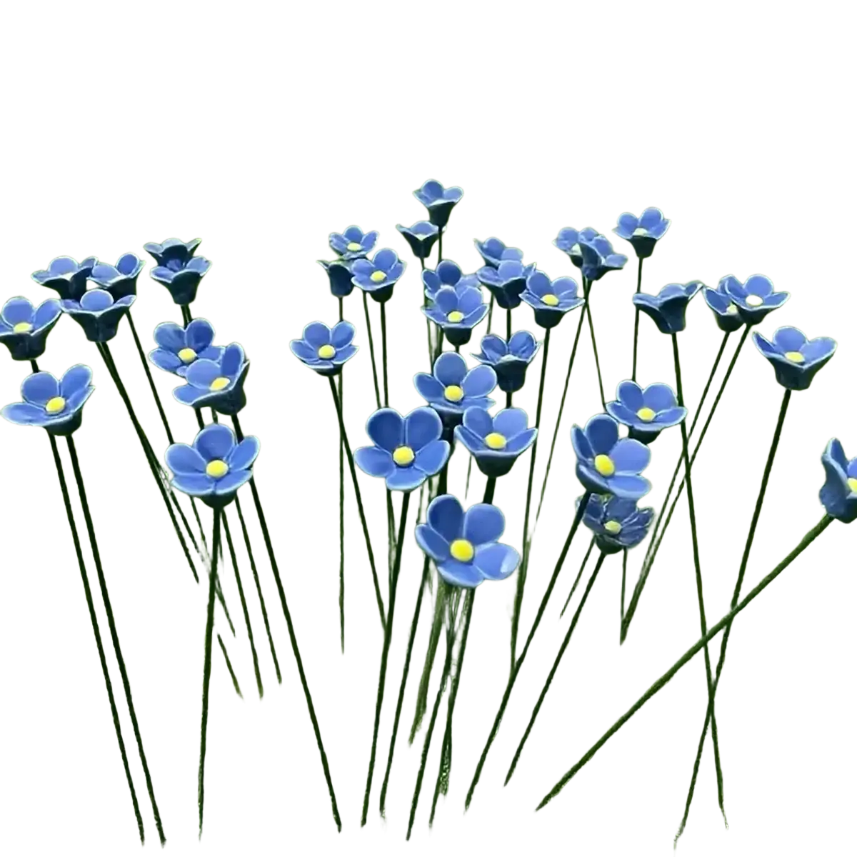 Blue ceramic artificial flowers with yellow centers on green stems ideal for decorating vases