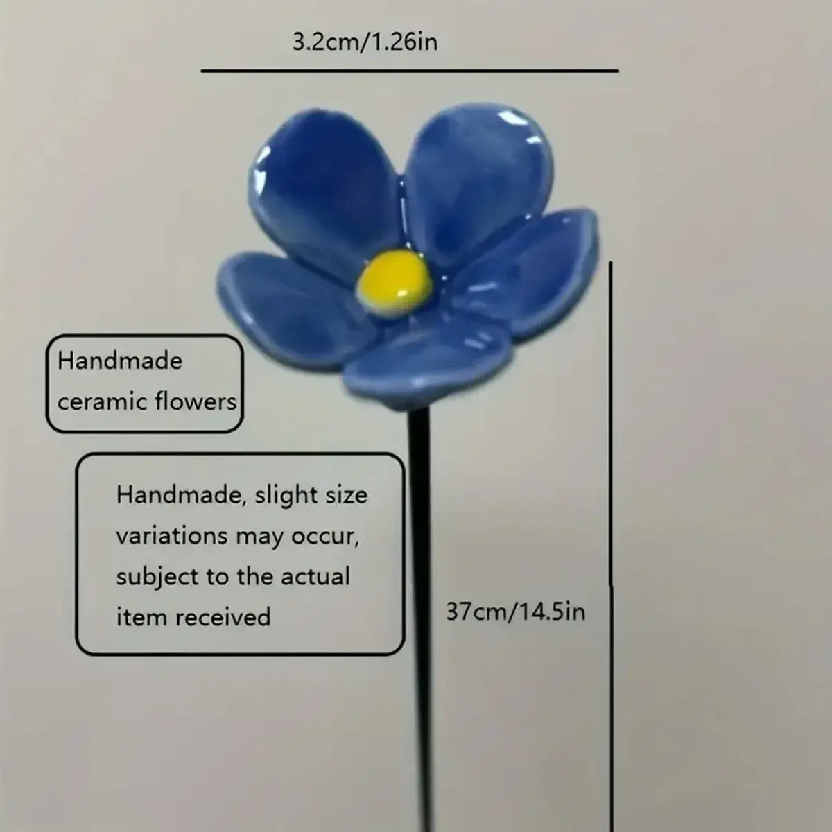 Artificial flowers blue ceramic forget me not with yellow center and black stem for decorating vases measuring 3.2cm by 37cm