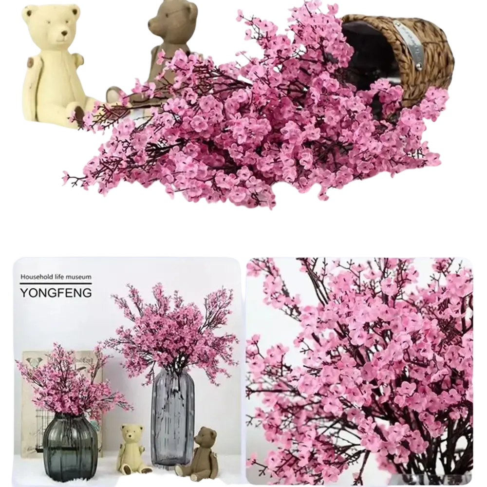 Artificial flowers cherry blossoms bouquet with pink petals and dark brown stems arranged in various styles
