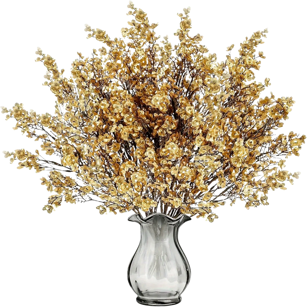 A clear glass vase with a fluted rim holds artificial flowers cherry blossoms bouquet in golden color