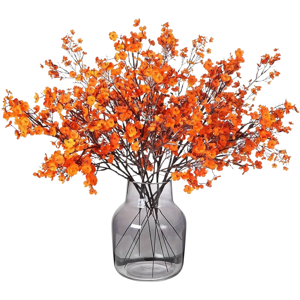 A clear glass vase with vibrant orange artificial flowers cherry blossoms bouquet featuring delicate branching stems